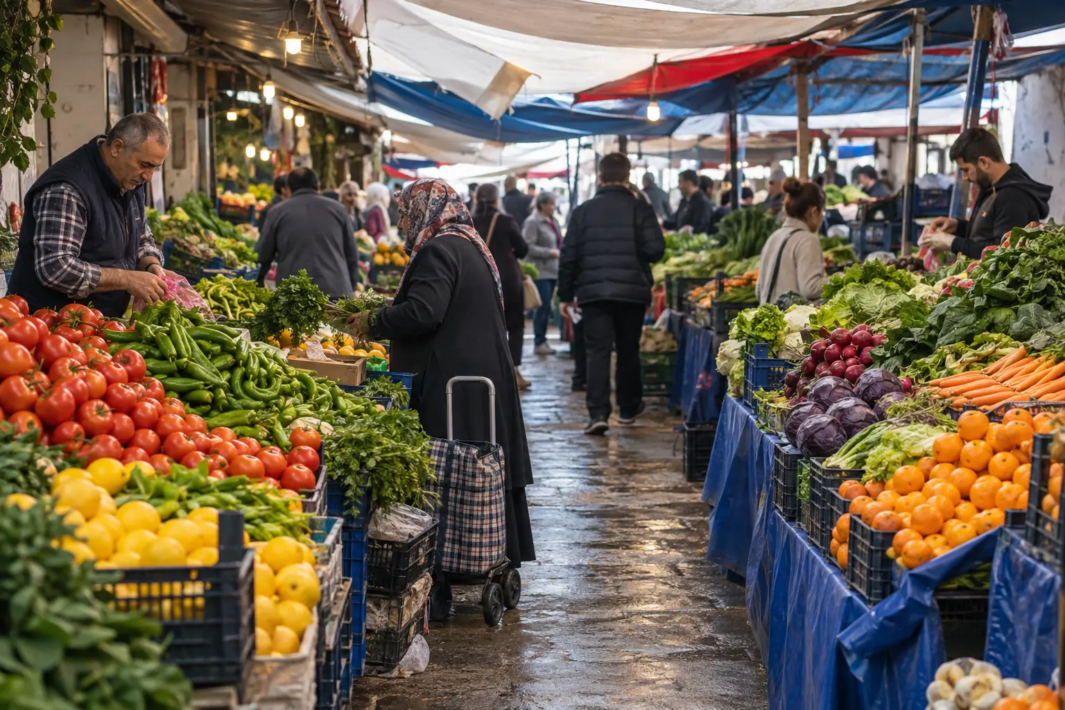 Mahalle pazarındaki sebze ve meyve tezgâhları