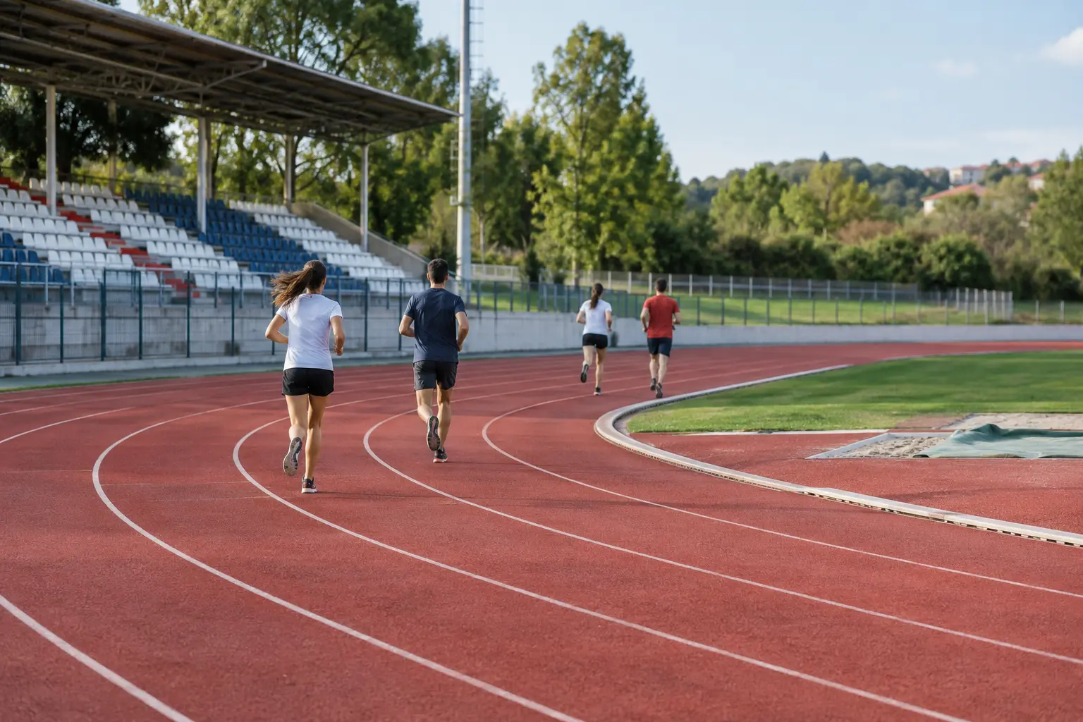 Atletizm pistinde uzaktan görülen koşucular