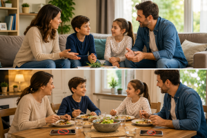 Evde aile kuralları hakkında çocuklarıyla sakin biçimde konuşan ebeveynler