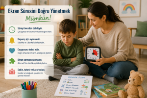 Tablet kapatılınca öfkelenen çocuğa ekran süresini sakin şekilde anlatan anne