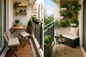 Katlanabilir masa, iki sandalye ve duvar raflarıyla kullanışlı hâle getirilen küçük balkon
