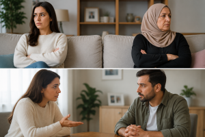 Salonda mesafeli biçimde oturan gelin ve kayınvalide