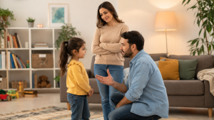 Çocuğa sınır koymak için sakin şekilde konuşan anne, baba ve çocuk