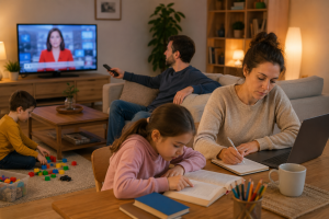 Salonda televizyon açıkken günlük yaşamına devam eden aile